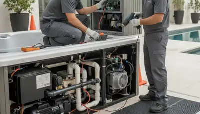Orlando, FL spa repair technician servicing a home spa for plumbing maintenance