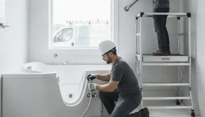 Orlando, FL plumber installing walk-in tub for safer, comfortable bathing in a homeowner bathroom